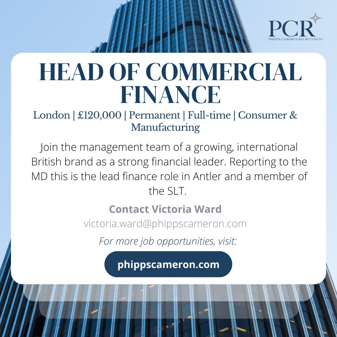 PCRecruit's tweet photo. Looking for a position in Consumer and Manufacturing? PCR has a role for you as Head of Commercial Finance working in London. 
For more details contact Victoria Ward, or visit our website: https://t.co/jnkL2qFGLF 

#Recruitment #JobOpportunity #LondonJob #FinancialServices #MandA https://t.co/o1iX428kU7