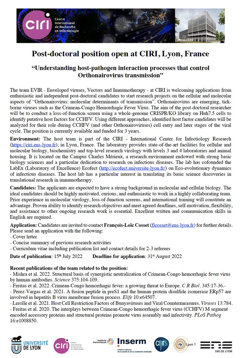 EvirTeam's tweet photo. 📢📢 We are recruiting a motivated #postdoc fellow for 3 years and an #engineer or assistant-engineer for 1 year (renewable) to work on the exciting #CCHFV! Deadline for application is August, 31st. For more info, contact us and please RT! 🙏
@CIRI_Lyon https://t.co/QVBTOz8tT8