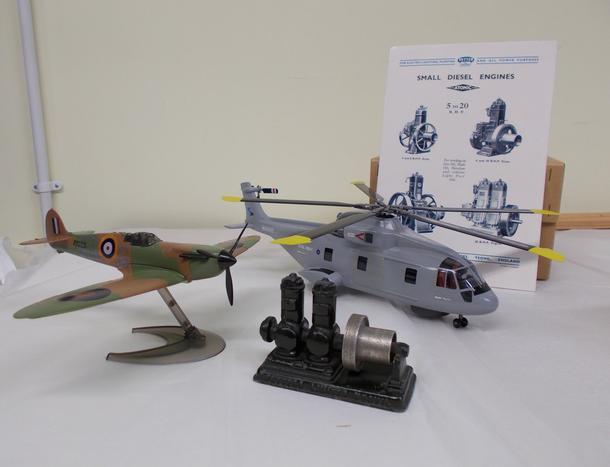 SoSom_heritage's tweet photo. Our student model picture shows a progression from a Petter industrial engine to a Spitfire, which Westland made 700 under licence between 1939 and 1945 up to an EH101 helicopter. The first pre-production EH101 helicopter was rolled out in 1987 (Credit - Leonardo). https://t.co/NcPx6frPi9
