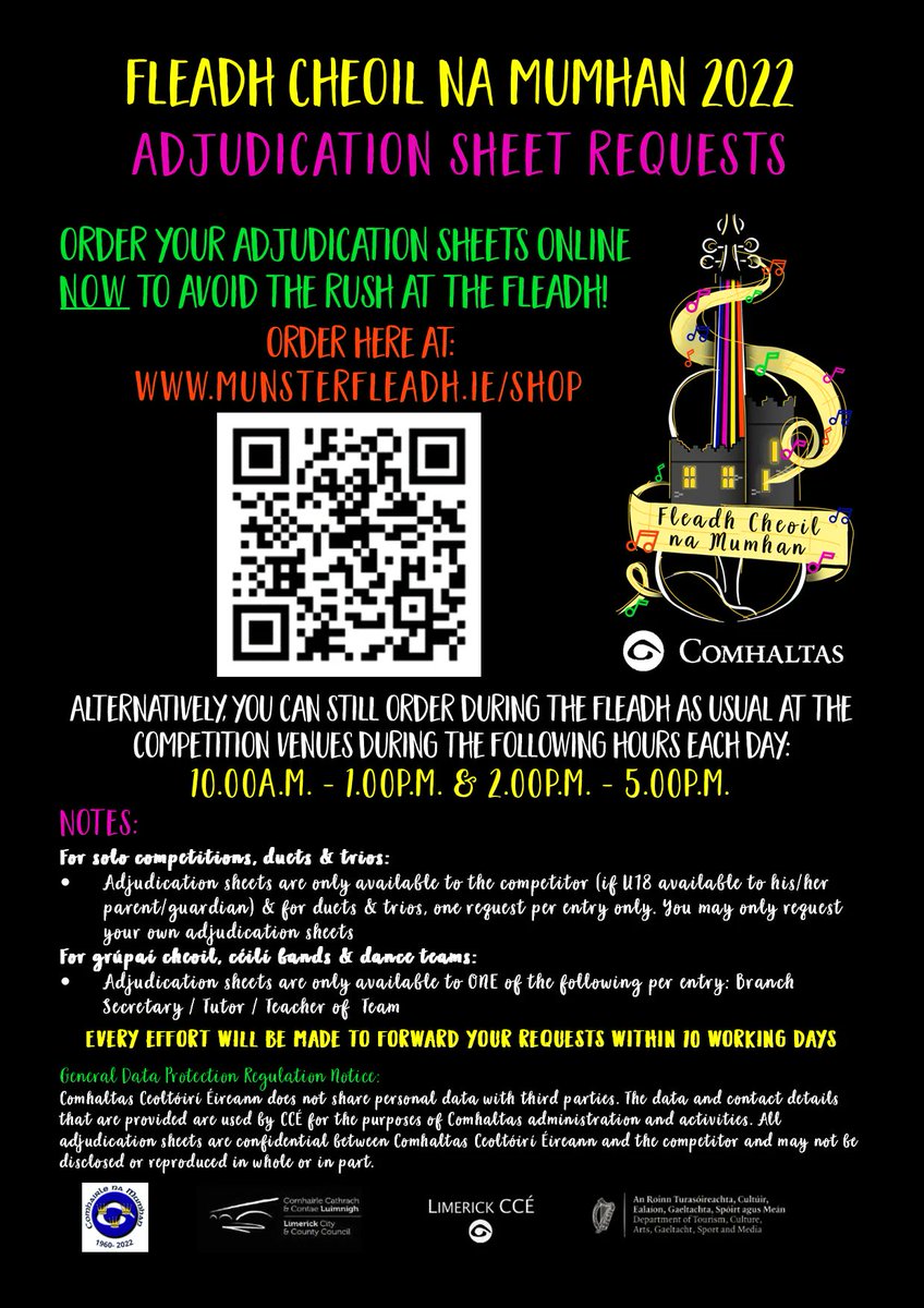 Don't forget that you can order your adjudication sheets ONLINE by scanning the QR code below and following the instructions on screen!! Adjudication sheets can also be ordered from Desmond College or Gaelscoil Ó Doghair today and tomorrow!!
#TheFleadhGoesWest
