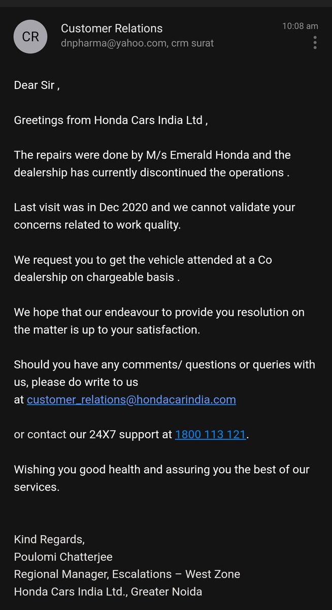 D_N_PATELL's tweet photo. @HondaCarIndia This was not expected from a company like @HondaCarIndia . The company is not taking responsibility for the poorly painted door as their dealership is closed. This should be painted by you dear company. I have mailed my response to you. Please refer and respond. https://t.co/jAGLNZyLLB