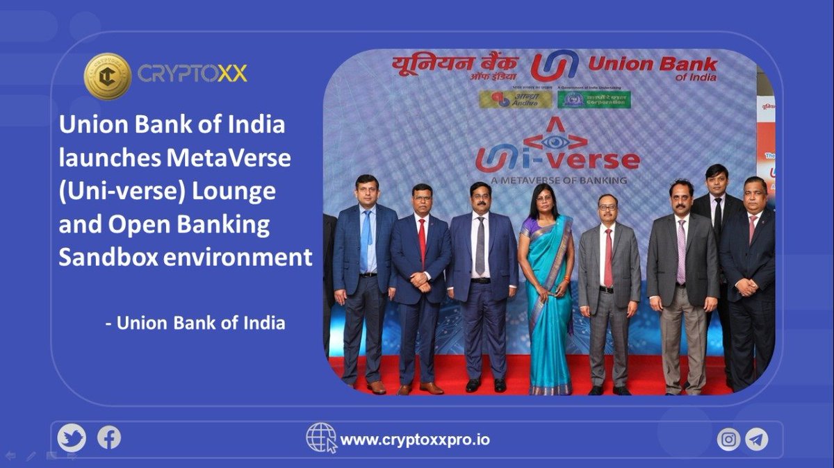 cryptoxxpro's tweet photo. Union Bank of India launches MetaVerse (Uni-verse) Lounge and Open Banking Sandbox environment 
#stayinvested #cryptoxxpro
https://t.co/VLATj2wX80 https://t.co/6uWTEiYnqD
