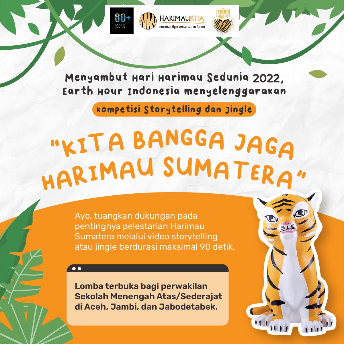 EHindonesia's tweet photo. Aummm Harimau Sumatera memanggil SobatEH Aceh, Jambi, dan Jabodetabek dalam Kompetisi Jingle dan Storytelling nih! 🐅

#IniAksiku #ShapeOurFuture #Connect2Earth
#TigerPapierMache #GlobalTigerDay #CeritaJagaHarimau #NyanyiUntukHarimau #LombaHarimau https://t.co/67DCtYB2B6