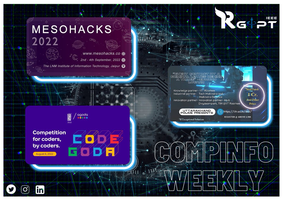IRgipt's tweet photo. At Rgipt
1) Undergraduate or graduate designers, developers, and engineers 
https://t.co/OLWmnkXrva 

2) The annual Agoda coding competition
https://t.co/OtYxUvy9ZB 

3) Technology Innovation Hub (TIH) https://t.co/ctY6LPefSl

Thanks 
IEEE RGIPT SB
#rgipt #ieee #coding #mesohacks https://t.co/90y6CwKsbN