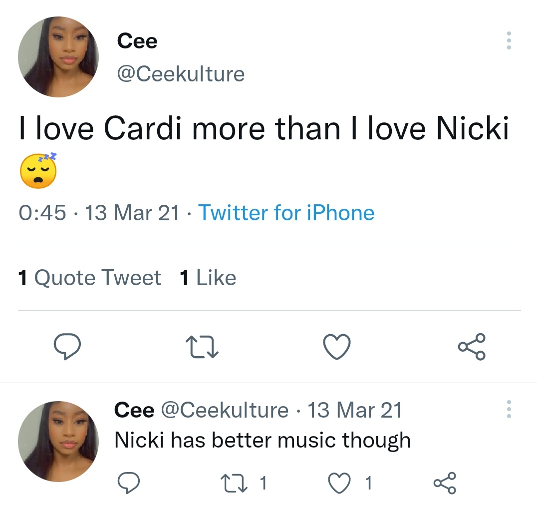 @Ceekulture The joke really be writing themselves 😂😂😂😂Last year u said u love Cardi yet u decided to buy Nicki's Ticket instead of Cardi's😂😂😭😭😭