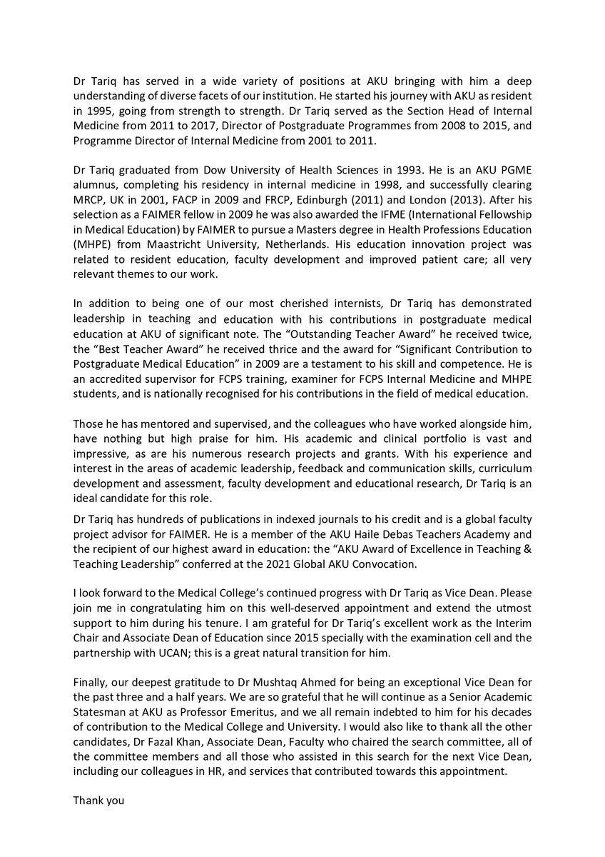 Adil Haider (@adilhaidermd) on Twitter photo It's an incredible pleasure to introduce Dr Muhammad Tariq as the new Vice Dean <a href="/AKUGlobal/">Aga Khan University</a> Medical College🌟He is an exemplary leader, outstanding clinician, superb educator & amazing researcher- read more about his inspirational career It's an incredible pleasure to introduce Dr Muhammad Tariq as the new Vice Dean <a href="/AKUGlobal/">Aga Khan University</a> Medical College🌟He is an exemplary leader, outstanding clinician, superb educator & amazing researcher- read more about his inspirational career