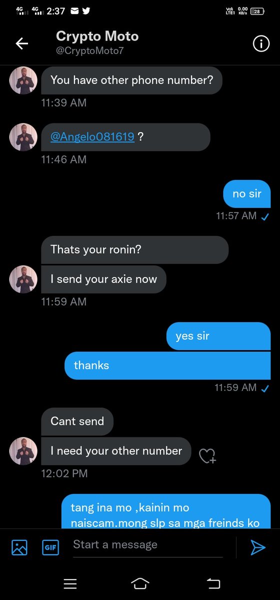 Angelo081619's tweet photo. he hacked my facebook accout after he get my number , then he make conversation to my freinds in my account to scam slp and facebook to them.! https://t.co/2ErYSlD1qq