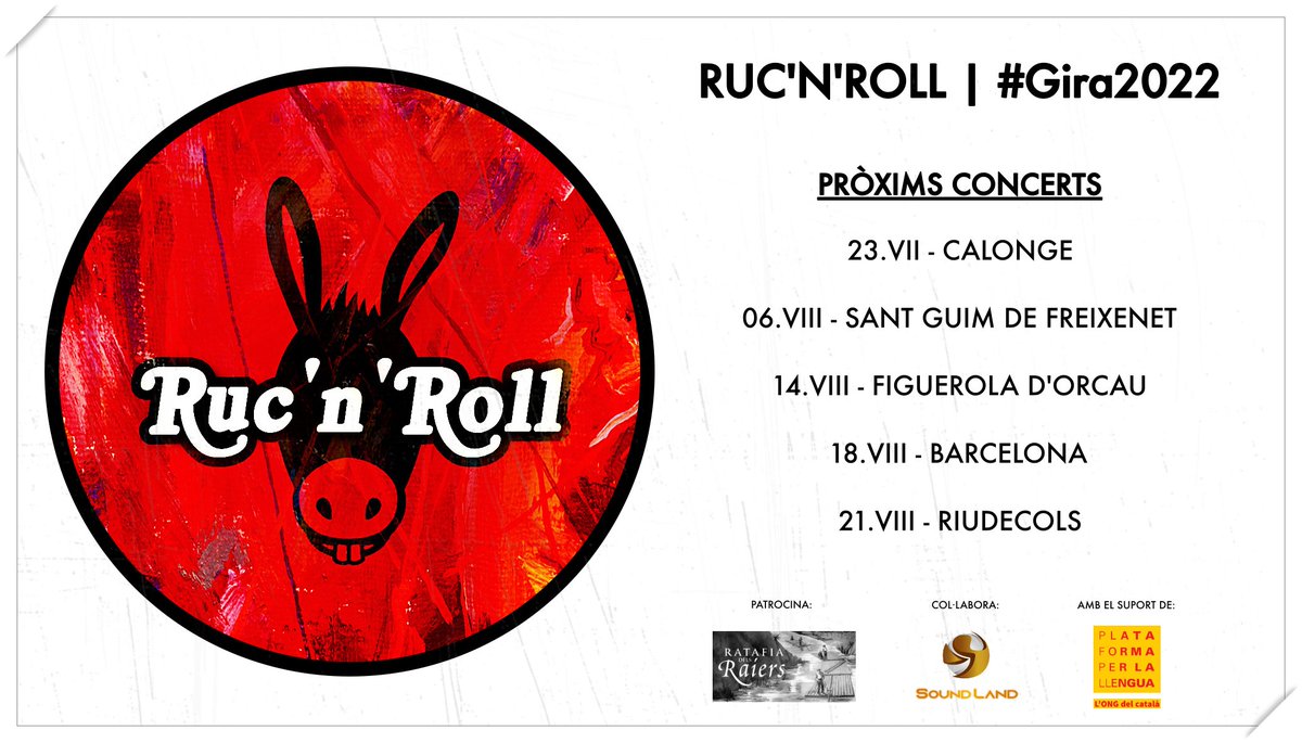 ruc_n_roll's tweet photo. ~ RUC'N'ROLL | #Gira2022 ~
El bo i millor del #RockCatalà!!

🗓 PRÒXIMAMENT:

23.07 - Calonge
#BaixEmpordà

06.08 - St. Guim de Freixenet
#LaSegarra

14.08 - Figuerola d'Orcau
#PallarsJussà

18.08 - Festes de Gràcia
#Barcelona

21.08 - Riudecols
#BaixCamp

NO T'HO PERDIS!!
🔥🔥🔥 https://t.co/KbXVVMN9Mf