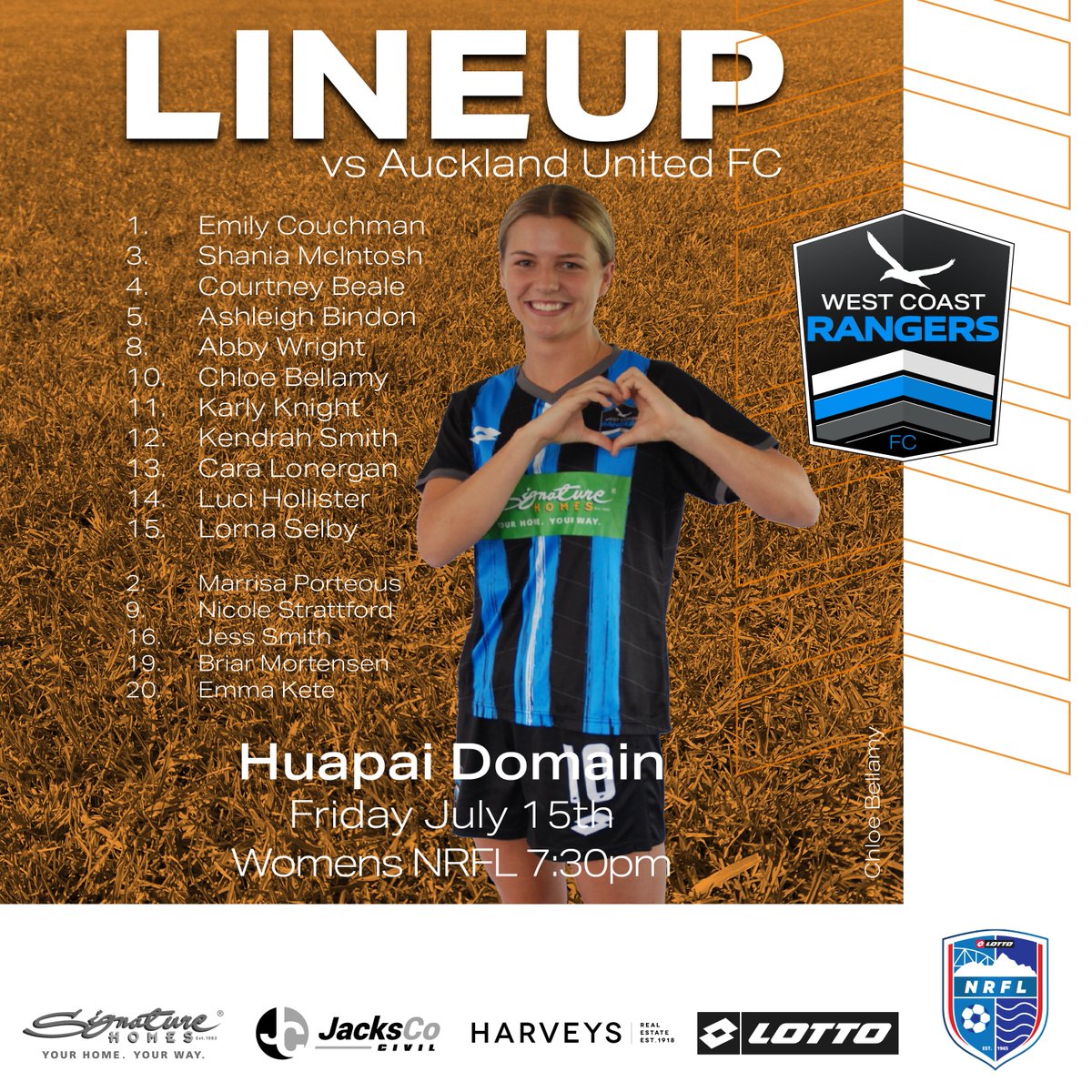 LINEUP
for tonights <a href="/LOTTONRFL/">LOTTO NRFL</a> Womens Premiers match against @auckland_united.
Kick off is 7:30pm at Huapai Domain.
#WeAreRangers