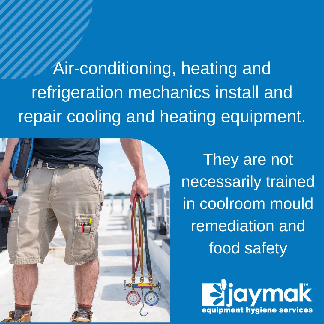JaymakHygiene's tweet photo. Make sure you are using the right person for the job!
Repair technicians are great at what they do. However, they are generally not trained in coolroom mould remediation and food safety so why would expect them to handle your hygiene requirements? https://t.co/W1KJvXyL0C