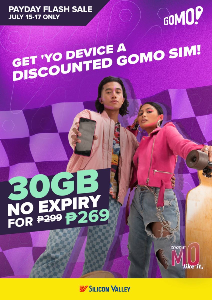 siliconvalleyph's tweet image. Ya lookin' for a sweet deal? Get your device a power up at a discount! Top up 30GB No Expiry Data for only ₱269 at your favorite Silicon Valley branch! 🥰

Promo runs from July 15-17 only. 😉 Get it, fam!

#SiliconValleyPH #GOMO #GomoSim
