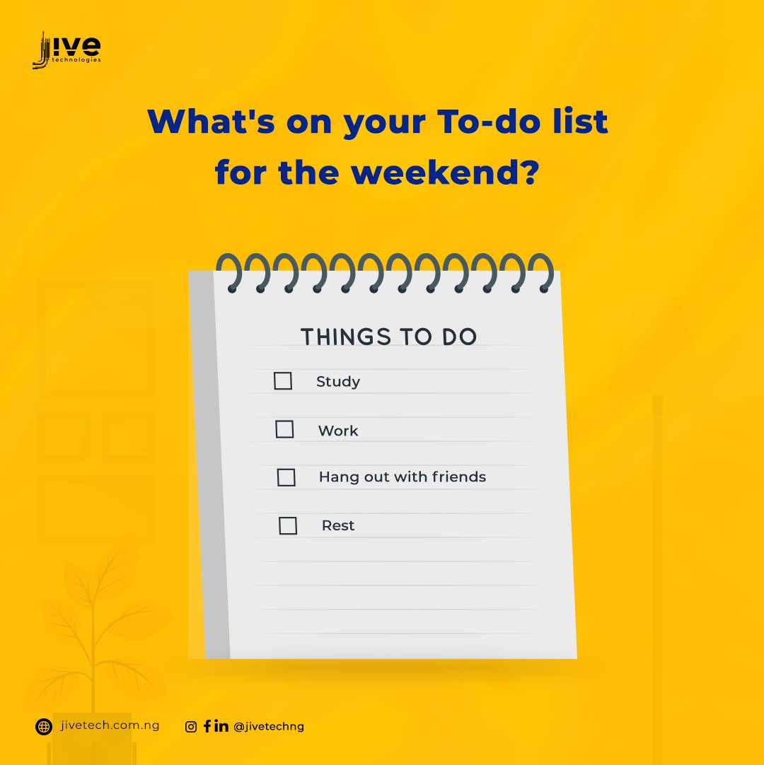 Jivetechnologi2's tweet photo. The weekend is finally here and we got a list of activities already planned out.
What is on your To-do list this weekend?
#choosejive #jivetech #educationmatters #edtech #schools #schoolmanagement #schoolsinnigeria #technology #basiceducation #edumtech #universities https://t.co/C3jhMEysdU