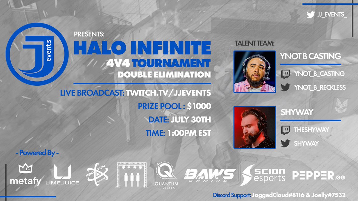 Proud to reveal our #HaloInfinite 
Tourney powered by:

<a href="/TryMetafy/">Metafy</a> <a href="/LimeJuiceGroup/">LimeJuice</a> <a href="/ProtonGamingPRO/">Proton Gaming</a> @ObviousAV @Quantxm_eSports @baws_gaming <a href="/scionesports/">Scion Esports</a> <a href="/PepperEsports/">PEPPER.gg</a>

Can’t wait for teams &amp; our casters <a href="/Shyway/">Alex</a> &amp; <a href="/YNOT_B_RECKLESS/">YNOT B CASTING 🎙️</a> to show out!

Register: pepper.gg/tournaments/jj…