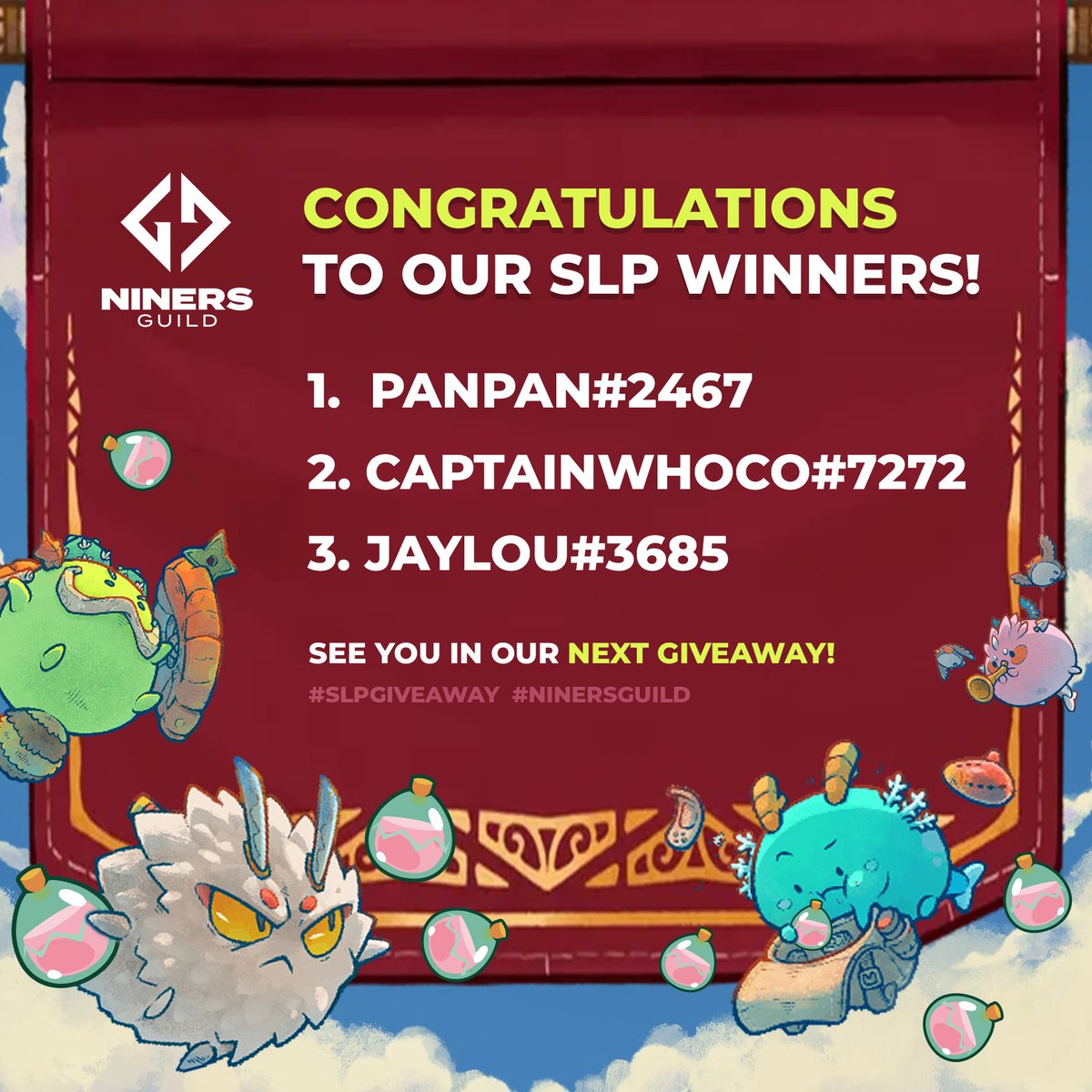 NinersGuild's tweet photo. Congratulations to our winners! 🎉 We'll contact you within the day so you can receive your 500 SLP. 🌟

Thank you for participating and please look forward to our next giveaway! 🔫🔶 #NFTGiveaway #SLPGiveaway #AxieInfinity https://t.co/qrHliK7GUQ