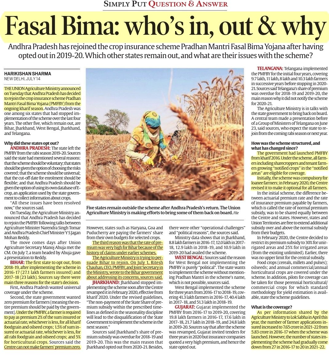 UPSCPCS360's tweet photo. Fasal Bima: who's in, out &amp; why

Source: Indian Express 

Relevance: GS2, GS3 - Government Policies &amp; Interventions, E-Technology in the Aid of Farmers

#UPSC https://t.co/4shYQyZgYt