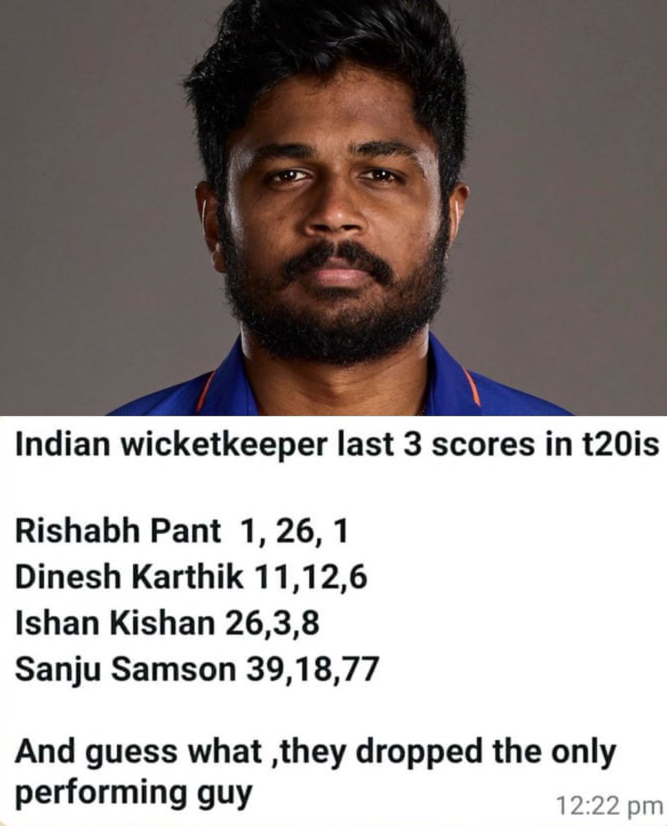 I support #SanjuSamson 💪🏻

What wrong did this guy do to be not even in the squad? #TeamIndia 
Is it
- because of lack of fancy hairstyle, piercings or tattoos ?
- because he is from Kerala ?
- because he is not part of any Lobby ?