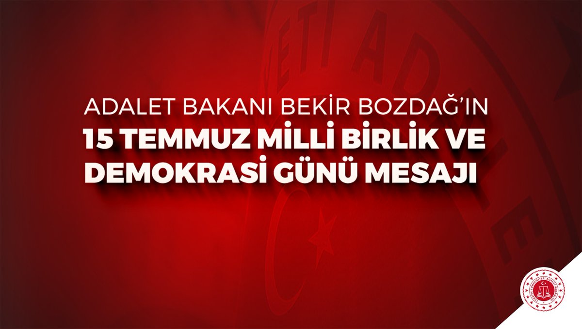 "15 Temmuz’da halkın gücü tankın gücünü yenmiştir."

Adalet Bakanı Bekir Bozdağ'ın 15 Temmuz Milli Birlik ve Demokrasi Günü mesajı:

➡️ basin.adalet.gov.tr/15-temmuz-da-h…

#15Temmuz
#TürkiyeAşkına
