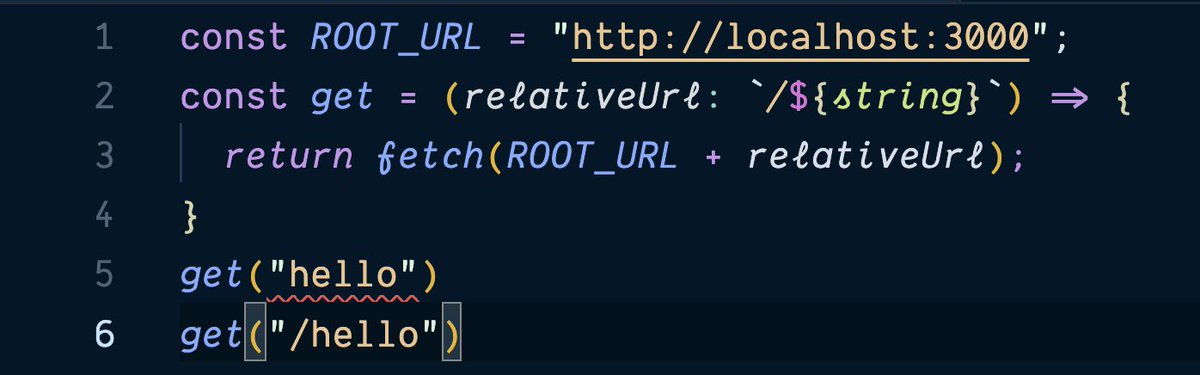 selbekk's tweet image. Using TypeScript&apos;s template string types to validate that all relative URLs passed to my fetch abstraction starts with a slash is such a great developer experience! 🤩