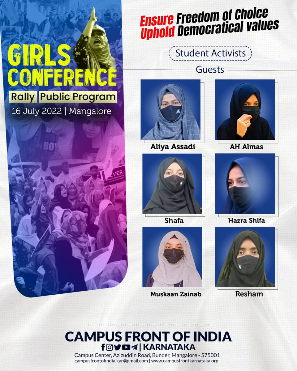 CampusFrontKar's tweet photo. #GirlsConference

Guests: Student Activists
@Aliyassadi @Ah_Almas12 @hazra_shifa @muskaan_z5 @Resham_Farooq

July 16, 2022 | 11 AM Townhall, Mangalore https://t.co/ZDRWUN4jM1