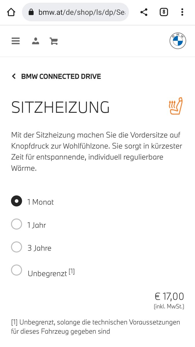 GeorgHanisch's tweet photo. BMW verlangt 17 Euro im Monat, damit die eingebaute Sitzheizung benützt werden darf. Die Welt geht zu Grunde. https://t.co/KEOs1wAWrF
