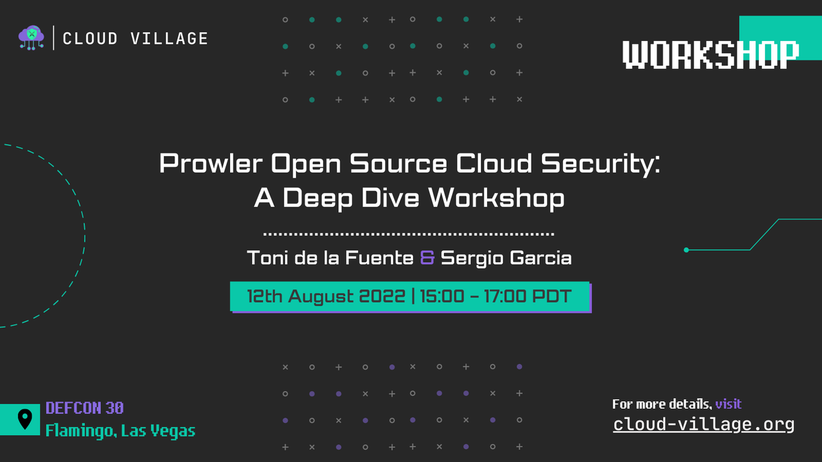 Glad to announce that <a href="/ToniBlyx/">Toni de la Fuente</a> and @sergargar1 would be conducting a workshop on "Prowler Open Source Cloud Security: A Deep Dive Workshop" on 12th August at 15:00 PDT at #cloudvillage <a href="/defcon/">DEF CON</a>.

Our schedule can be found here: cloud-village.org/#collapseTonid…

#cloudsecurity