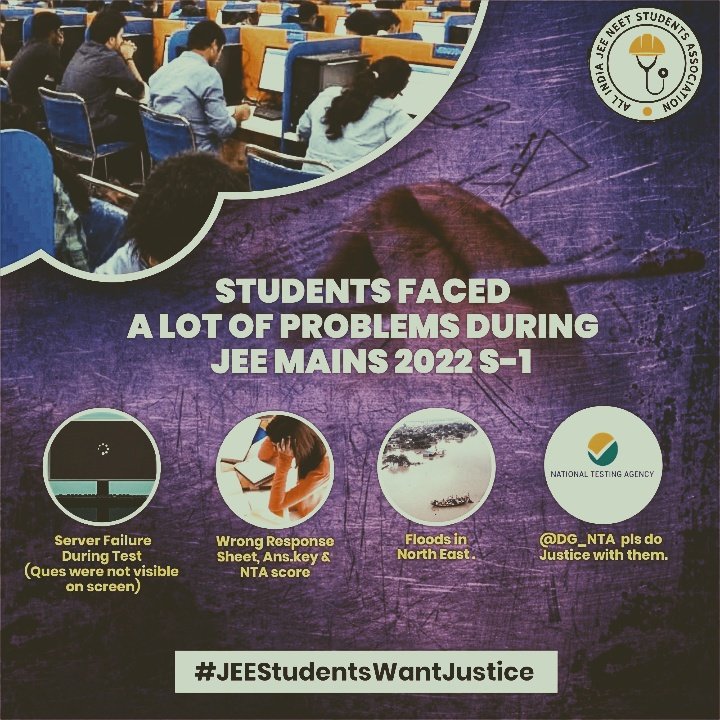 AIJNSA_official's tweet photo. JEE Mains first attempt was not at all a fair attempt for everyone Server issues are seen widely across the country, Don't waste the second attempt by conducting it so soon. Please provide some more days to make 2nd attempt worth or Provide extra attempt!
#JEEStudentsWantJustice https://t.co/KEImvItLOA