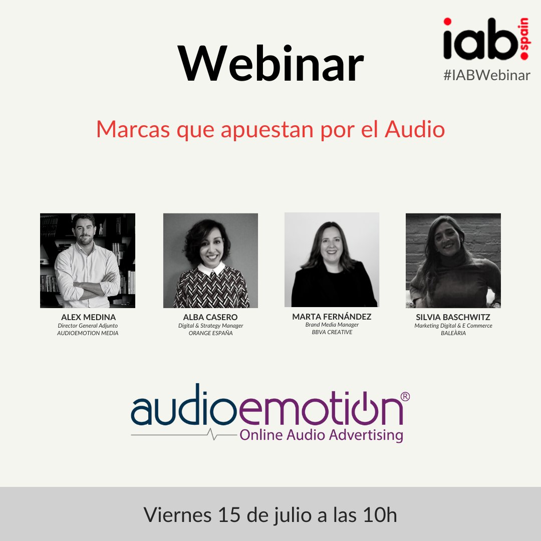 ⌛ EMPEZAMOS A LAS 10:00H

#IABwebinar de @Audioemo  para aprender sobre buenas prácticas en la planificación estratégica de #audiodigital, #formatos, #medición ¡y más!

Accede al directo en us02web.zoom.us/webinar/regist…