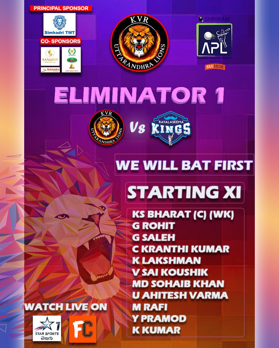 Team News 🗞️

Watch the Game Live on <a href="/StarSportsTel/">StarSportsTelugu</a> &amp; <a href="/FanCode/">FanCode</a> from 1:00 PM Onwards

#Cricket #T20 #SHRIRAMAPL #AndhraPremierLeague #UttarAndhraLions #GODvUTL #StarSportsTelugu