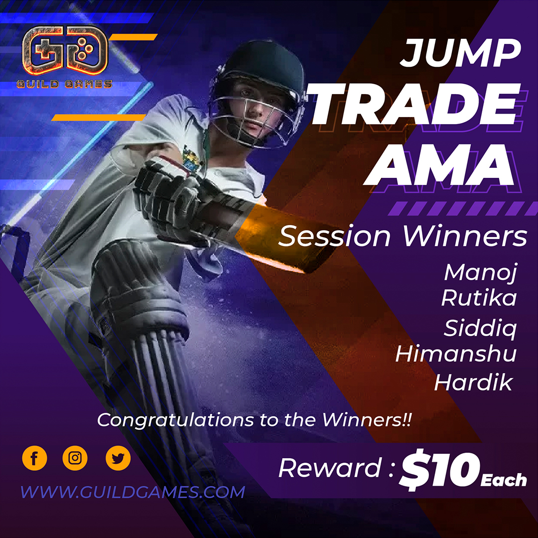 🏆Congratulations to the winners of the #AMA Session with <a href="/jumptradenft/">jumptrade</a> 🏆
💰 Reward: $10 for each winner 
For more details and updates follow us on ⬇️
🔗  linktr.ee/Guildgames

#CricketTwitter #GuildGames #jumptradenft