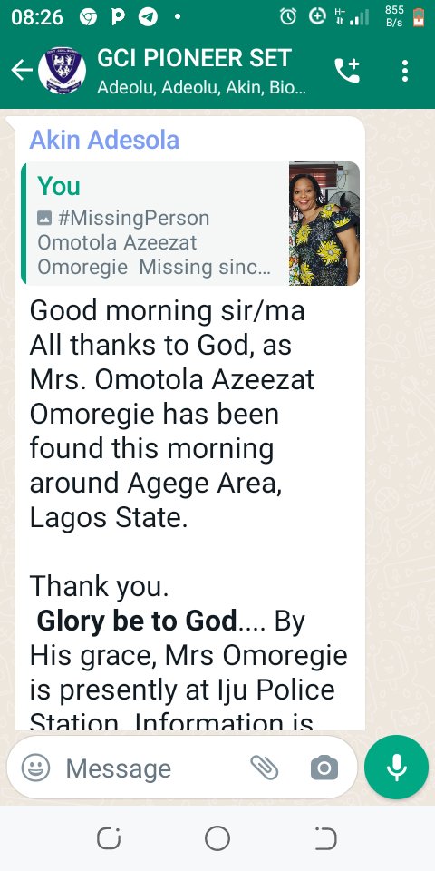 2_amaechi's tweet photo. Good morning sir/ma 
All thanks to God, as Mrs. Omotola Azeezat Omoregie has been found this morning around Agege Area, Lagos State.

Thank you.
 *Glory be to God*.... By His grace, Mrs Omoregie is presently at Iju Police Station. https://t.co/Nt8Qxb8KC1