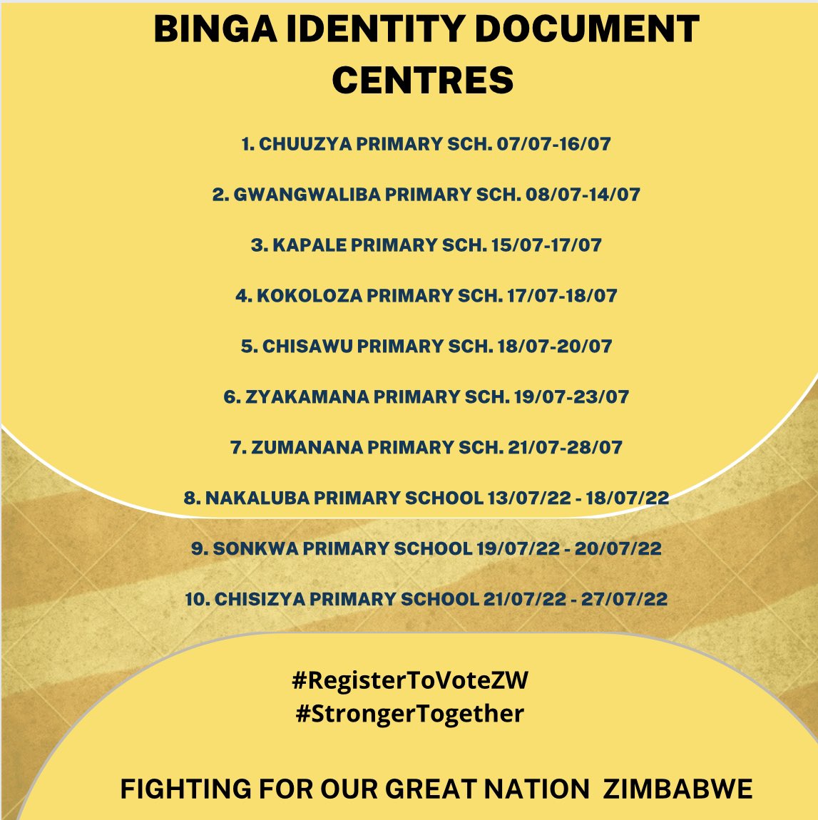 To those who have not obtained I.Ds in #Binga. Mwinke mukatole zitupa. Go get your I.Ds on newest centres below👇👇👇

Mwinke mukalembesye kuvhota. Go and register to vote

#RETWEET  

#RegisterToVoteZW #MatabelelandNorth 
 
<a href="/advocatemahere/">Fadzayi Mahere🇿🇼</a> <a href="/Cde_Ostallos/">Gift Ostallos Siziba</a>