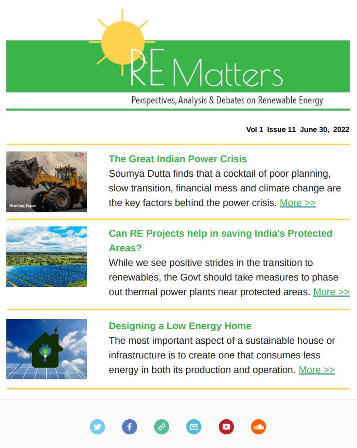cfa_ind's tweet photo. RE Matters | June 2022

𝑁𝑒𝑤𝑠 &amp; 𝑉𝑖𝑒𝑤𝑠 𝑜𝑛 𝑅𝑒𝑛𝑒𝑤𝑎𝑏𝑙𝑒 𝐸𝑛𝑒𝑟𝑔𝑦

🔰 The Great Indian Power Crisis by @DelhiSOUMYA 

🔰 Can RE Projects help in saving India's Protected Areas? By @onlynishank 

🔰 Designing a Low Energy Home by Janani S

https://t.co/IPCrgmPJ8c https://t.co/ZyFlgfP0Kz