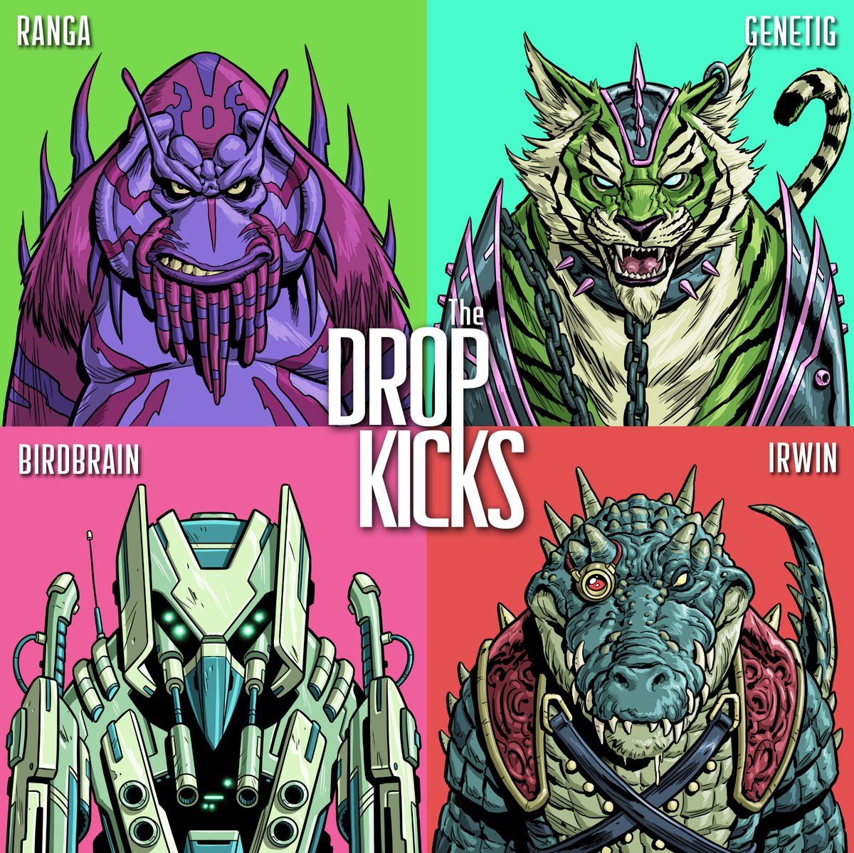 Reintroducing for the very first time- 

Ranga, Genetig, Birdbrain and Irwin...

The DROPKICKS. 🦧🐯🤖🐊

Making their debut in QUILL #1 🤘😝🤘