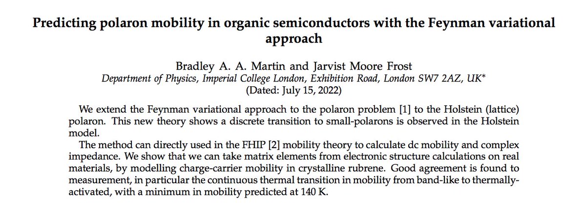 New preprint!🎈
Brad (<a href="/Neutrino155/">Bradley Martin</a>) and I extended the 60 year old Feynman variational approximation for the polaron problem, to work with a Holstein (lattice) Hamiltonian, and thereby predict organic crystal mobilities.

Feedback very gratefully received! arxiv.org/abs/2207.06846