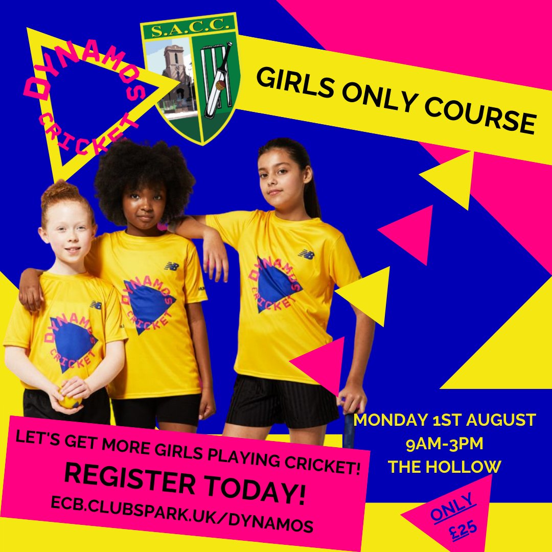 SACC are passionate about building the women's game and that starts at the grass roots. 

We are proud to announce our first Dynamos course for girls only is coming on Monday August 1st!
Places are limited so to get your child on the course please head to ecb.clubspark.uk/Dynamos/Course…