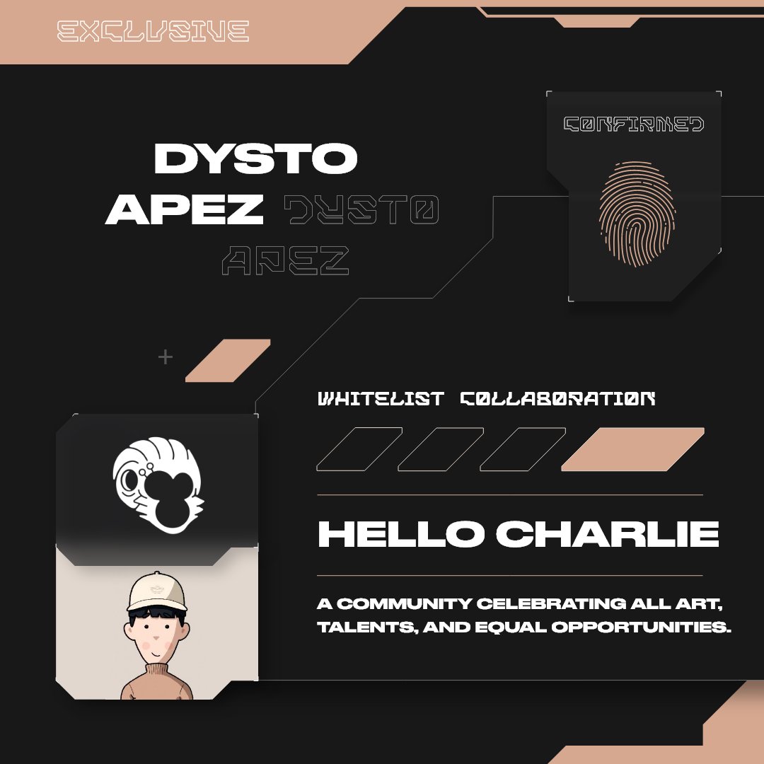 Hello Charlie 👋 x Dysto Apez 🦧

🏆 <a href="/HelloCharlieNFT/">Hello Charlie!</a> has given us 3x WL spot to giveaway!

To enter:
1️⃣ Follow
<a href="/HelloCharlieNFT/">Hello Charlie!</a>
<a href="/DystoApez/">DystoApez</a>
<a href="/Nomad_eth/">Nomad</a>

2️⃣ Like &amp; RT

3️⃣ Tag 3 friends

48h 🕛