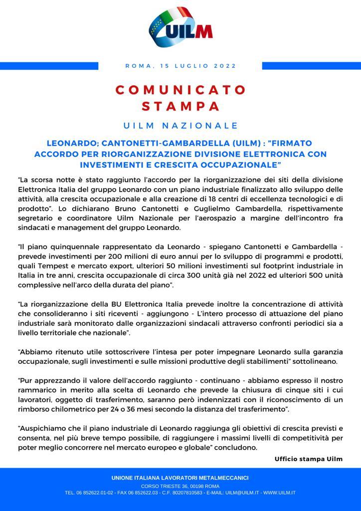 #Leonardo <a href="/BCantonetti/">Bruno Cantonetti</a>  #Gambardella <a href="/CiroCierro/">Ciro Cierro</a> (#Uilm): ”Firmato accordo per riorganizzazione Divisione Elettronica con investimenti e crescita occupazionale” 🔵