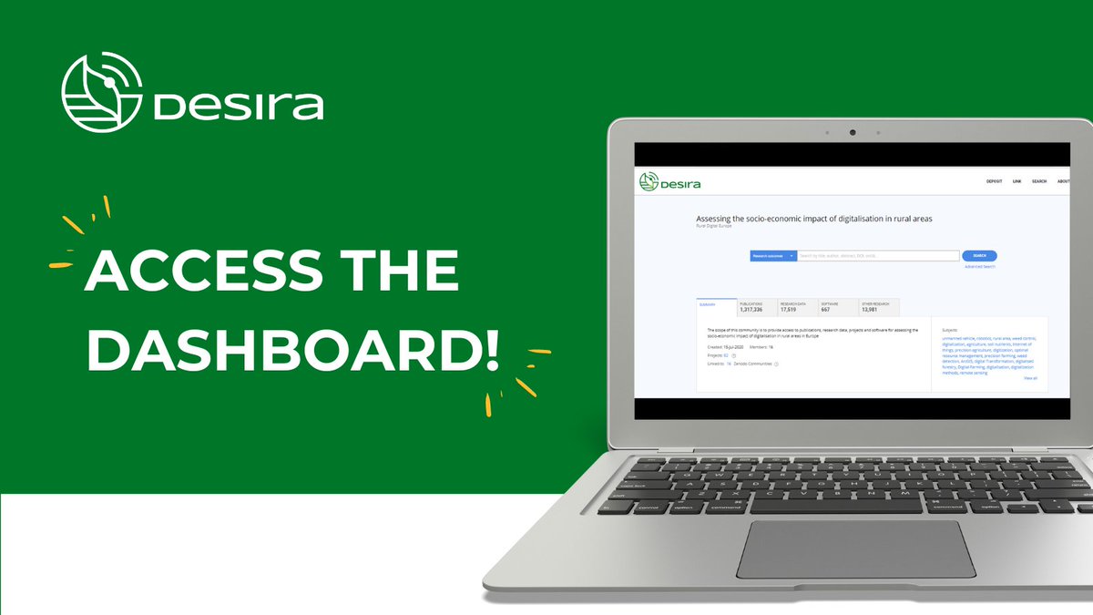 🤓 Need information on #research &amp; publications related to #digitalisation 💡 &amp; its socio-economic impact in 🌄 #ruralareas, #agriculture &amp; #forestry?
 
#DESIRA’s #Rural Digital #Europe Dashboard is your ☝️ first-picked repository.
 
💯 FREE TO USE!! ➡️ bit.ly/Desi20ReuD