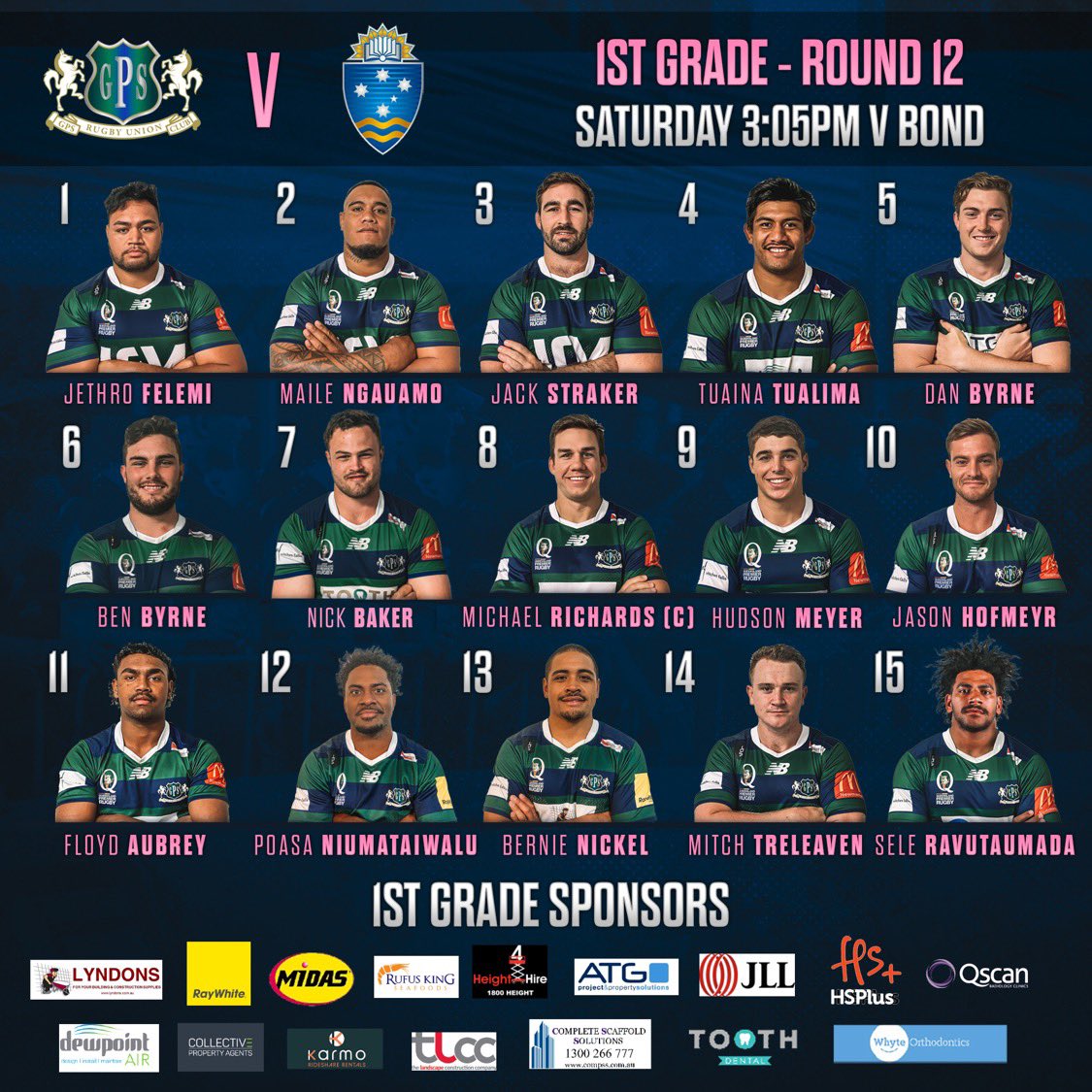 LADIES DAY TEAM NEWS vs BOND UNI

Take a look at your 1st Grade side named to face Bond Uni tomorrow at GPS Rugby Club for Ladies Day.