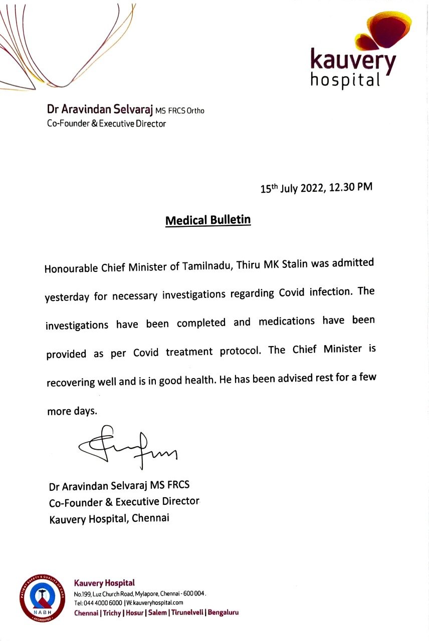 Tamil Nadu Cm Mk Stalin In Good Health Recovering Well From Covid 19 Hospital