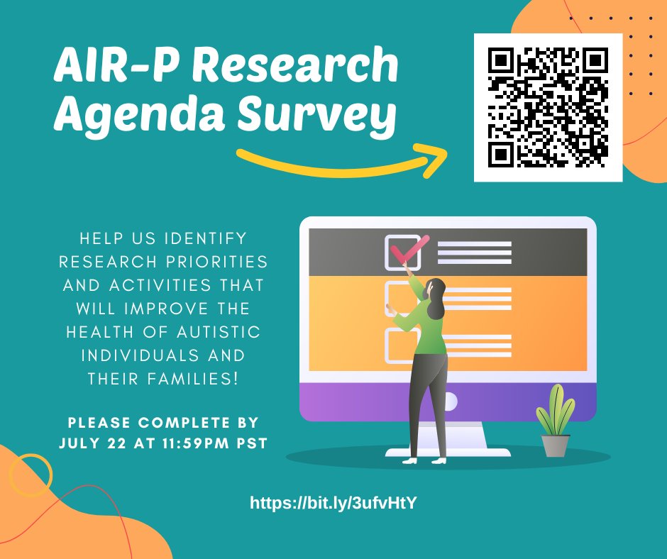 The AIR-P Network wants to hear from YOU!

Fill out this survey to help us identify #AutismResearch priorities and activities that will improve the health of #autistic individuals and their families.
Results will appear in our next @aap_peds supplement! ➡️ bit.ly/3ufvHtY