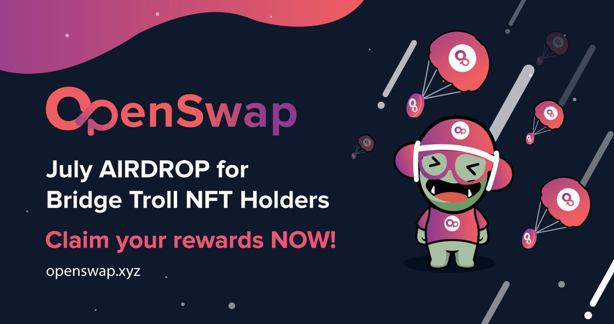 openswapdex's tweet photo. DEAREST Bridge Troll NFT Holders ❤️ Your JULY rewards are ready, claim your $OSWAP #reward NOW 🎁🎁🎁!

Don't got a Bridge Troll #NFT yet? Get yours now from OpenSwap Troll Camp 👇👇👇
https://t.co/0WmrKLU11P

Learn about #OpenSwap Bridge Troll NFT 👇👇👇 
https://t.co/cfNk3gyB8D https://t.co/7LeqCY3Lsw