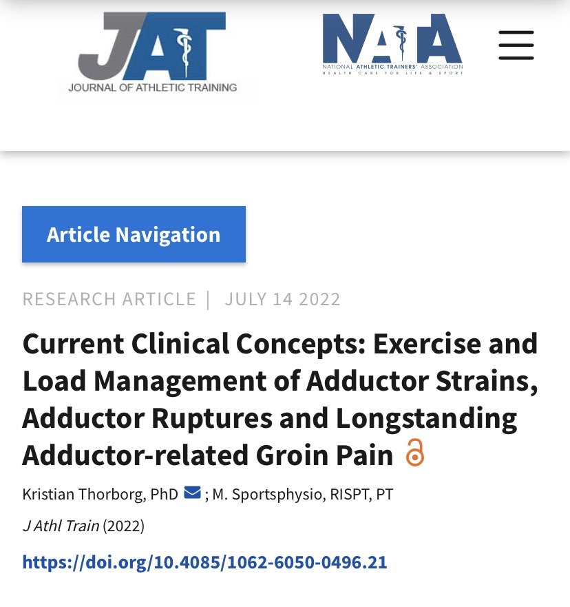 KThorborg's tweet photo. OPEN ACCESS👇 in @JAT_NATA 

“Current Clinical Concepts: Exercise and Load Management of Adductor Strains, Adductor Ruptures and Longstanding Adductor-related Groin Pain” 

Rehab Strategies for: Home-based, gym-based, pitch-based settings ☺️

FREE HERE👇

https://t.co/gN8oSRzOf5 https://t.co/VZ8ggsdWLL