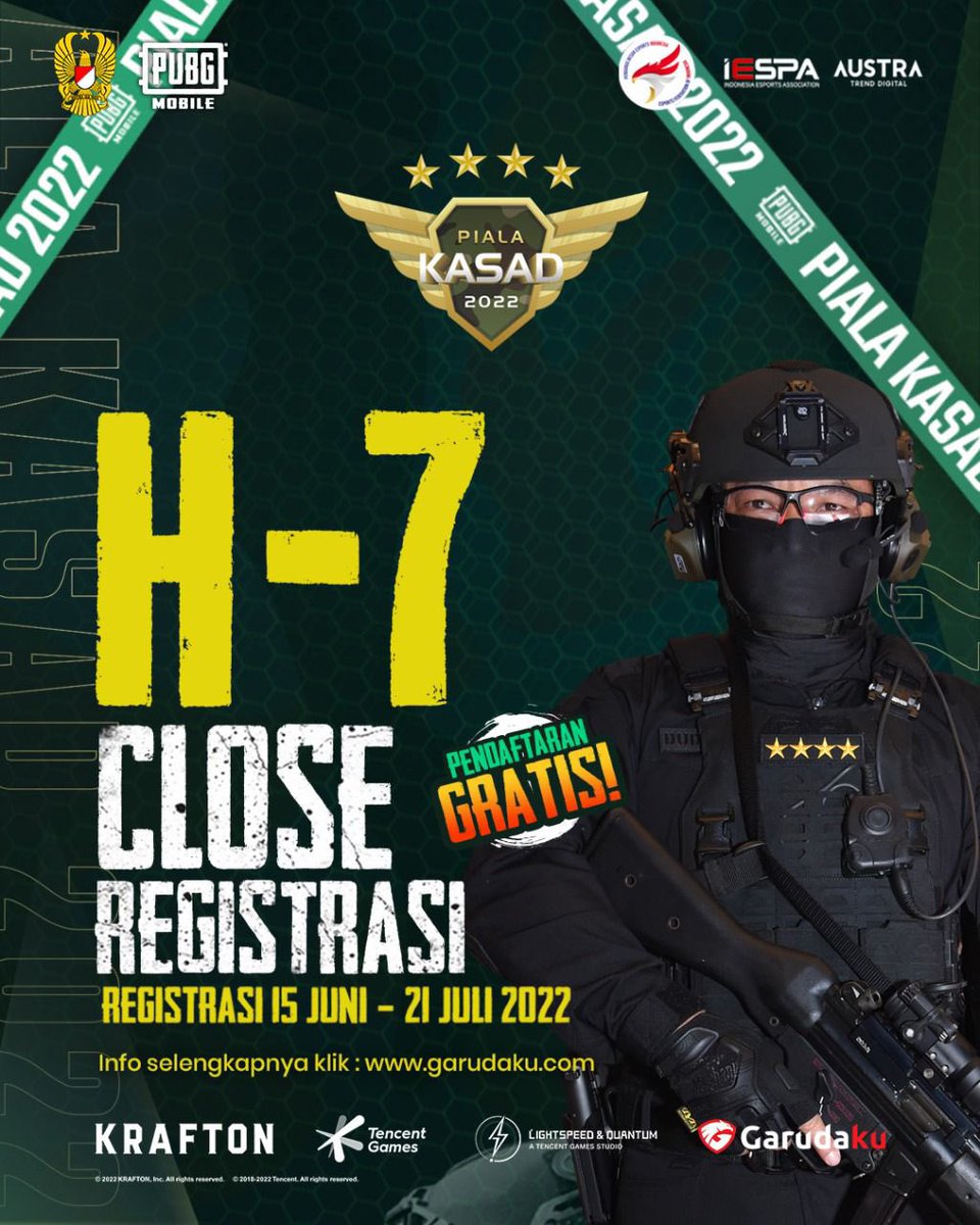tni_ad's tweet photo. Tinggal 7 hari lagi !!

Ayo daftar sebelum ditutup.

Buat kamu yang merasa jago dalam game PUBG Mobile, kumpulin tim kamu sekarang dan daftarkan sesuai dengan KODAM domisili kamu di https://t.co/ciz1jg48i7

#TNIADMengabdiDanMembangunBersamaRakyat https://t.co/6Qr4r3niae