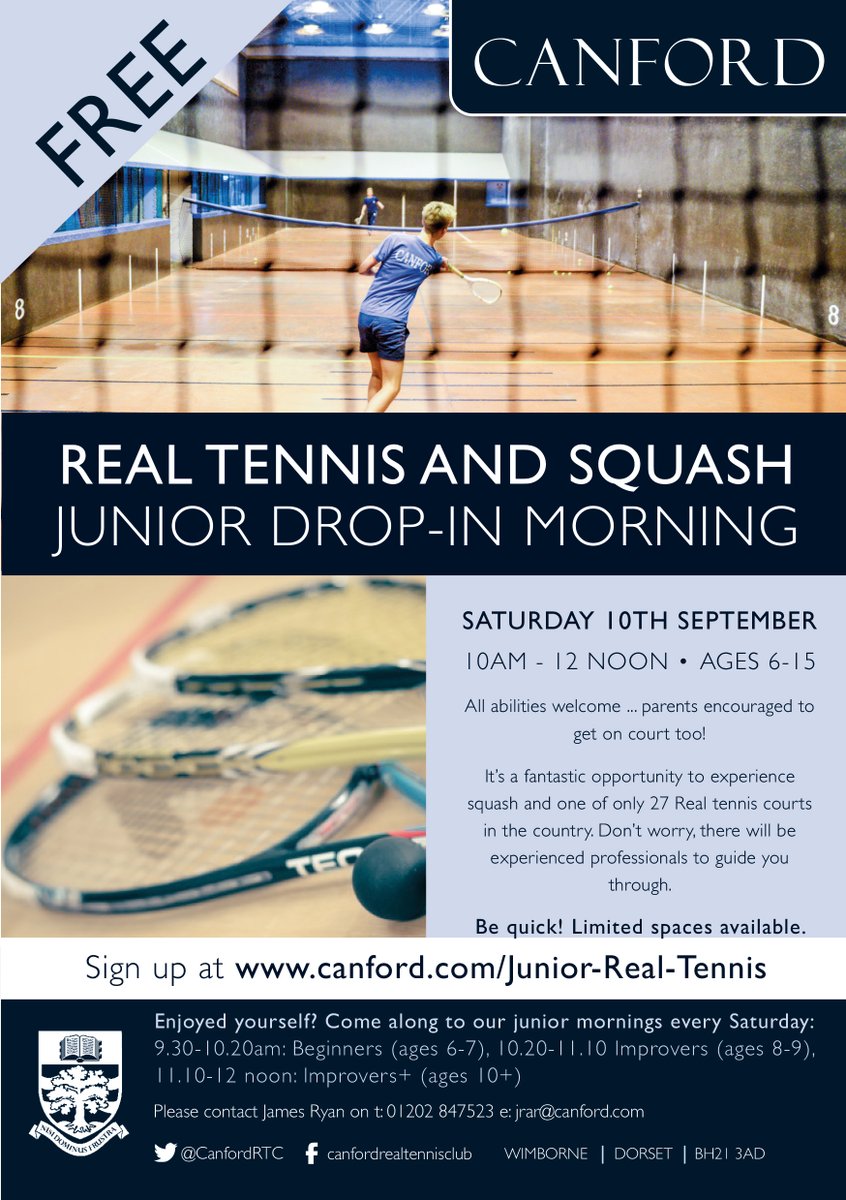 CanfordSchool's tweet photo. The Canford Real Tennis and Squash Junior Drop-In Morning takes place on Saturday 10th September. Book your space via this link ➡️ https://t.co/kwubm7nxrG  

@CanfordSport #realtennis #squash @dumpton @CastleCourtPrep @DorsetGames @CanfordRTC https://t.co/ZX4Lsx3WBq