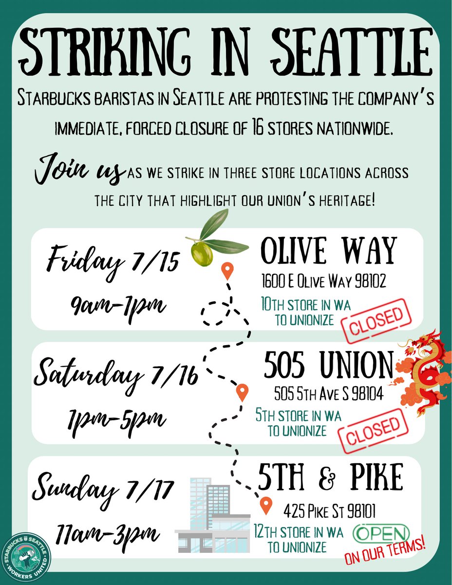 🚨STRIKE ACTION🚨

We’re serving up another piping hot cup of solidarity! Join us out in the streets picketing to support the 16 stores that were closed unjustly, starting at 1600 EvOlive Way on Friday at 9am!

#NoContractNoCoffee