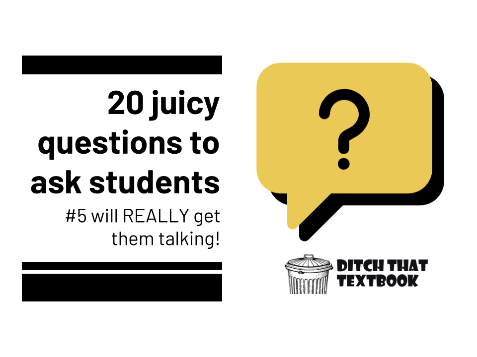 🤔A great question can make or break a learning activity. Here are some ideas for asking juicy 🍊 questions.

➡️20 juicy questions to ask students (#5 will REALLY get them talking!🤯)

ditchthattextbook.com/juicy-question… #ditchbook