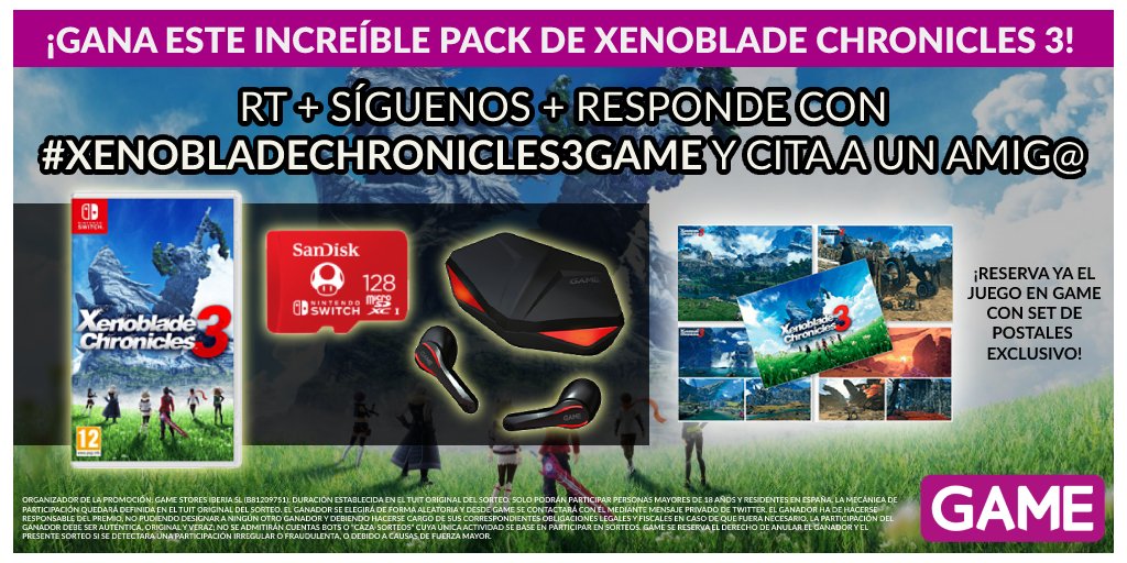 ¡GANA este SÚPER PACK de #XenobladeChronicles3 para #NintendoSwitch en GAME!

🔄 RT + Síguenos.
📲 Responde con #XenobladeChronicles3GAME y cita a un AMIG@.
⏱ Participa... ¡SOLO HOY!

No te pierdas el juego con SET DE POSTALES exclusivo GAME de regalo 👉 ow.ly/3RT250JQhXr