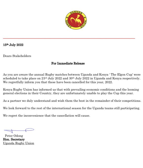 Uganda Rugby Union confirmation of Cancellation of Kenya Simbas and Uganda Cranes Elgon Cup encounter, PHOTO/ Uganda Rugby