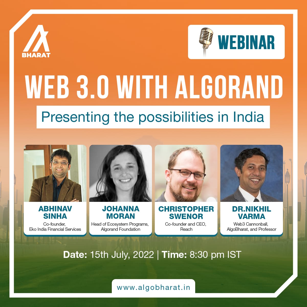 A webinar not to be missed... 
eventbrite.com/e/web3-with-al…

Envisioning a Bharat where everyone and anyone can ignite a transformation!
<a href="/sinhabhinav/">Abhinav Sinha</a> <a href="/chrisswenor/">chris.voi</a> <a href="/j0hmo/">Johanna</a> <a href="/niikkhhiil/">Nikhil Varma, Ph.D</a>
<a href="/NehaVatsala/">Neha Vatsala</a>
<a href="/pooja_goswami/">pooja goswami</a>
<a href="/ekospeaks/">Eko</a>
<a href="/algo_bharat/">AlgoBharat</a>
<a href="/Algorand/">Algorand</a> <a href="/AlgoFoundation/">Algorand Foundation</a>